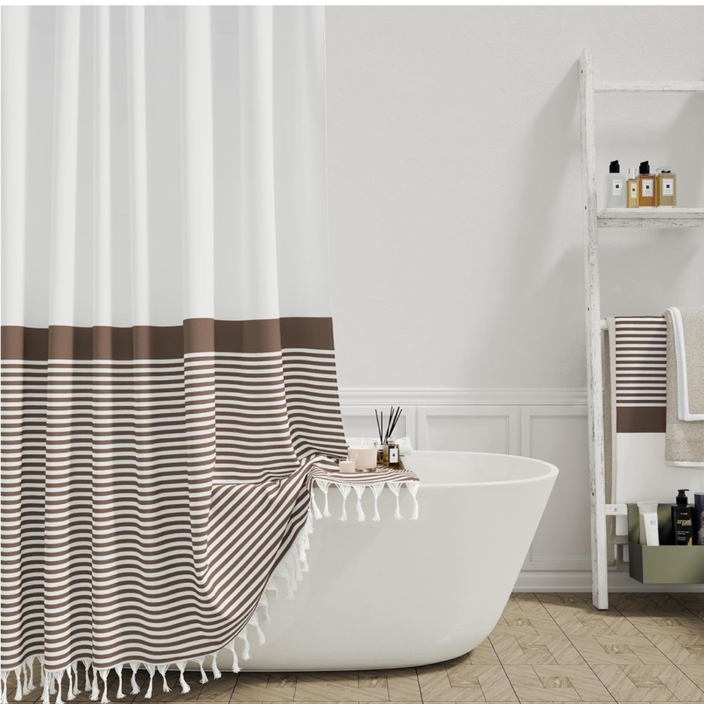 Dynamene Brown Fabric Farmhouse Boho Striped Tassel Shower🚿Curtains 4 Bathroom - Picture 8 of 8
